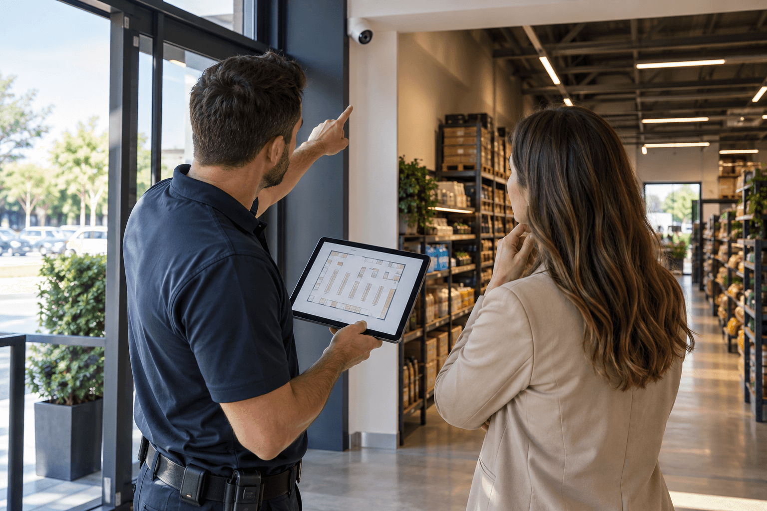 Técnico e cliente planejando a posição de câmeras em um estabelecimento
