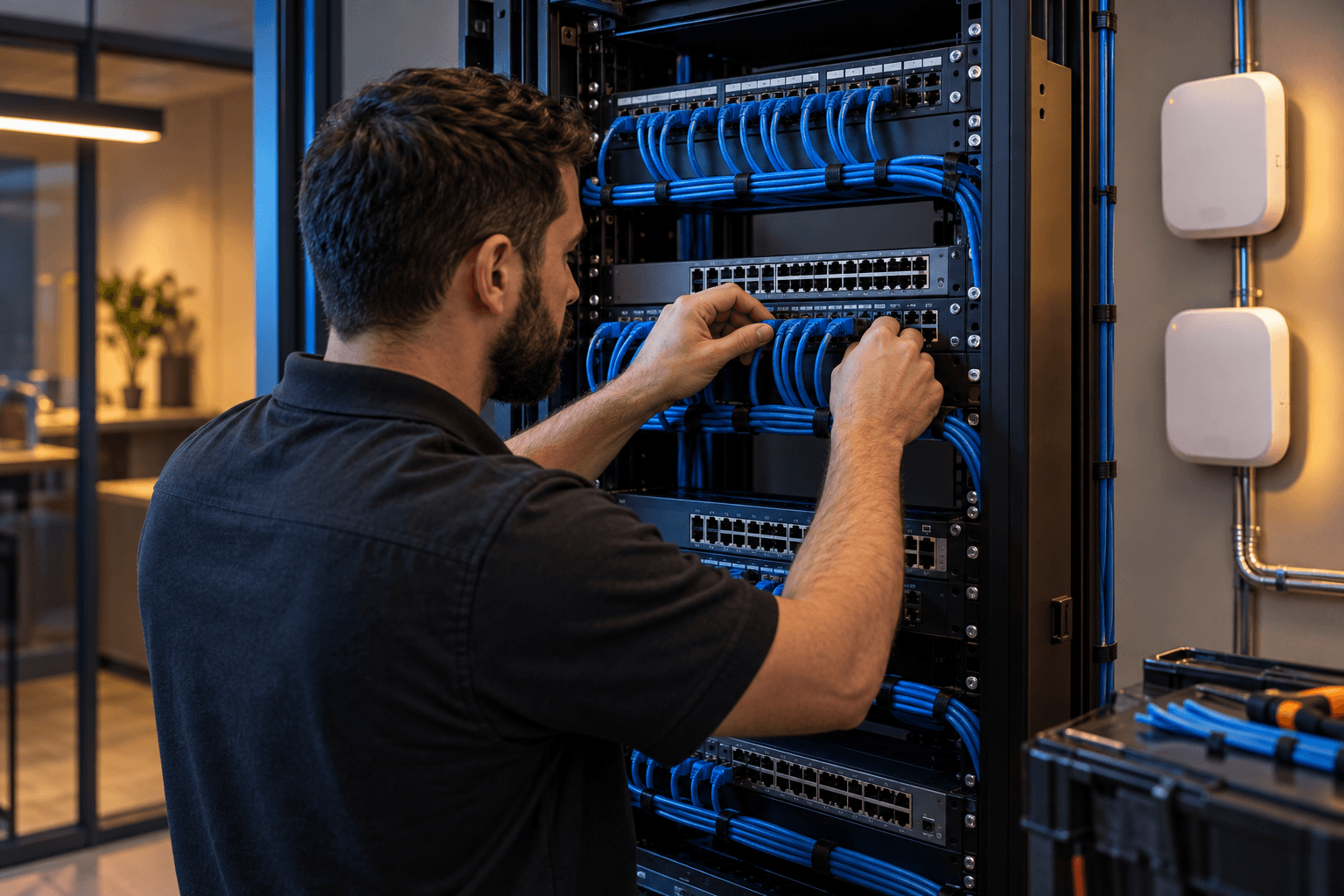 Técnico organizando o cabeamento em um rack de rede