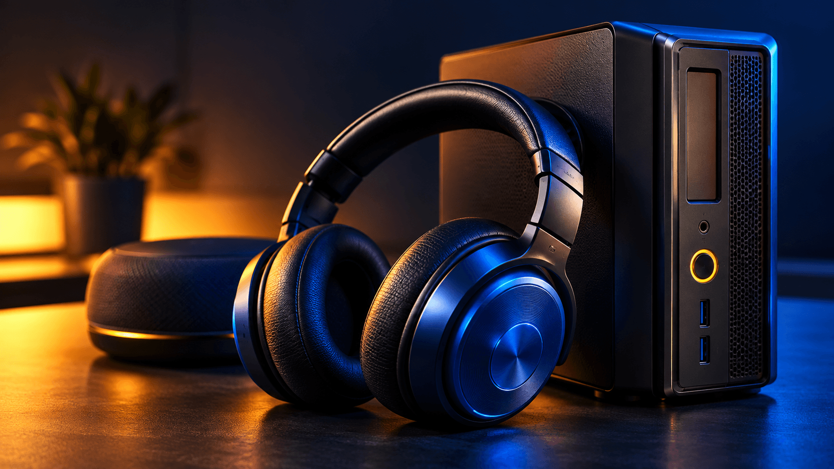 Fones de ouvido e mini PC sob iluminação azul e âmbar