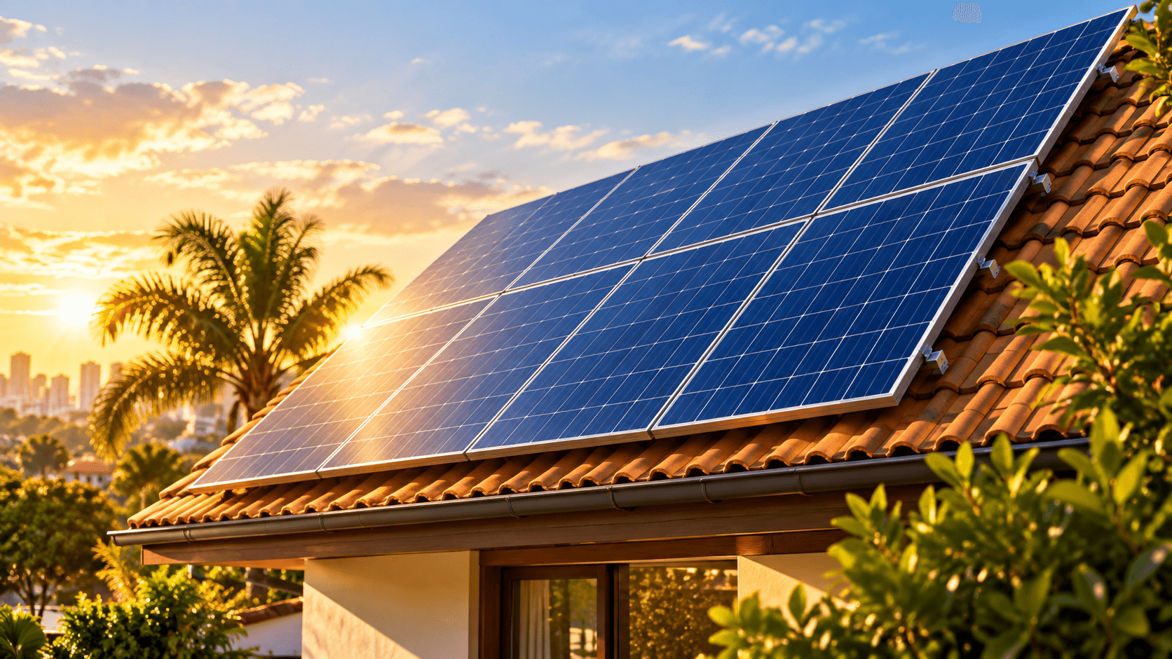 Painéis solares instalados no telhado de uma residência ao entardecer