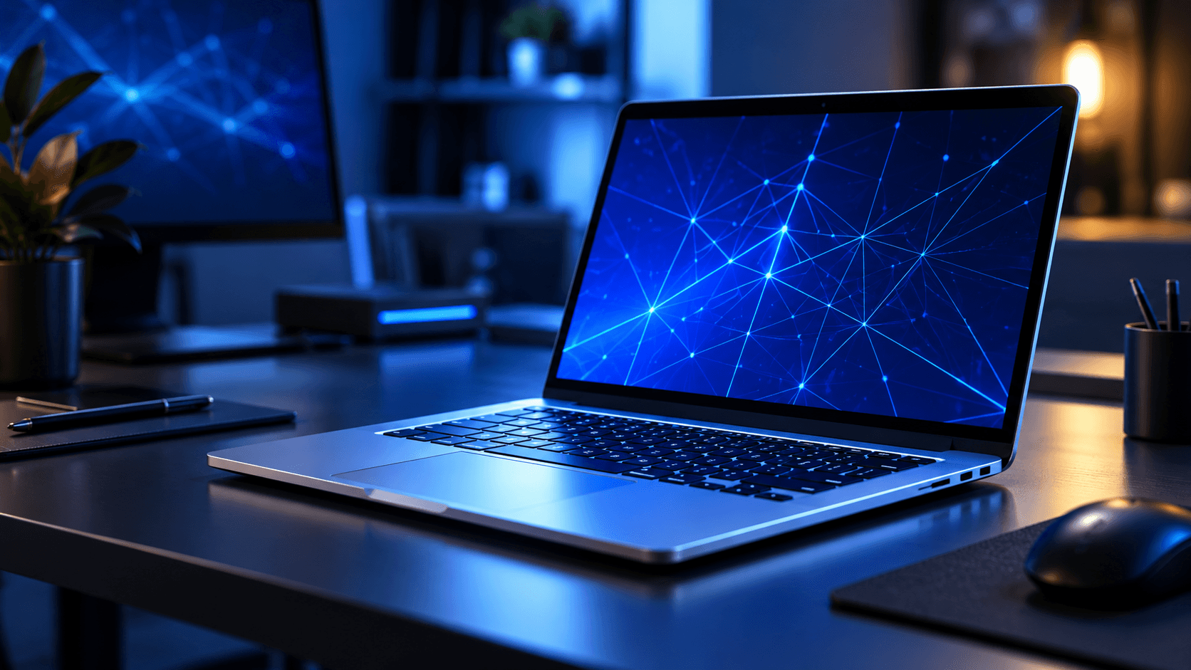 Notebook com visualização técnica azul sobre uma mesa de trabalho