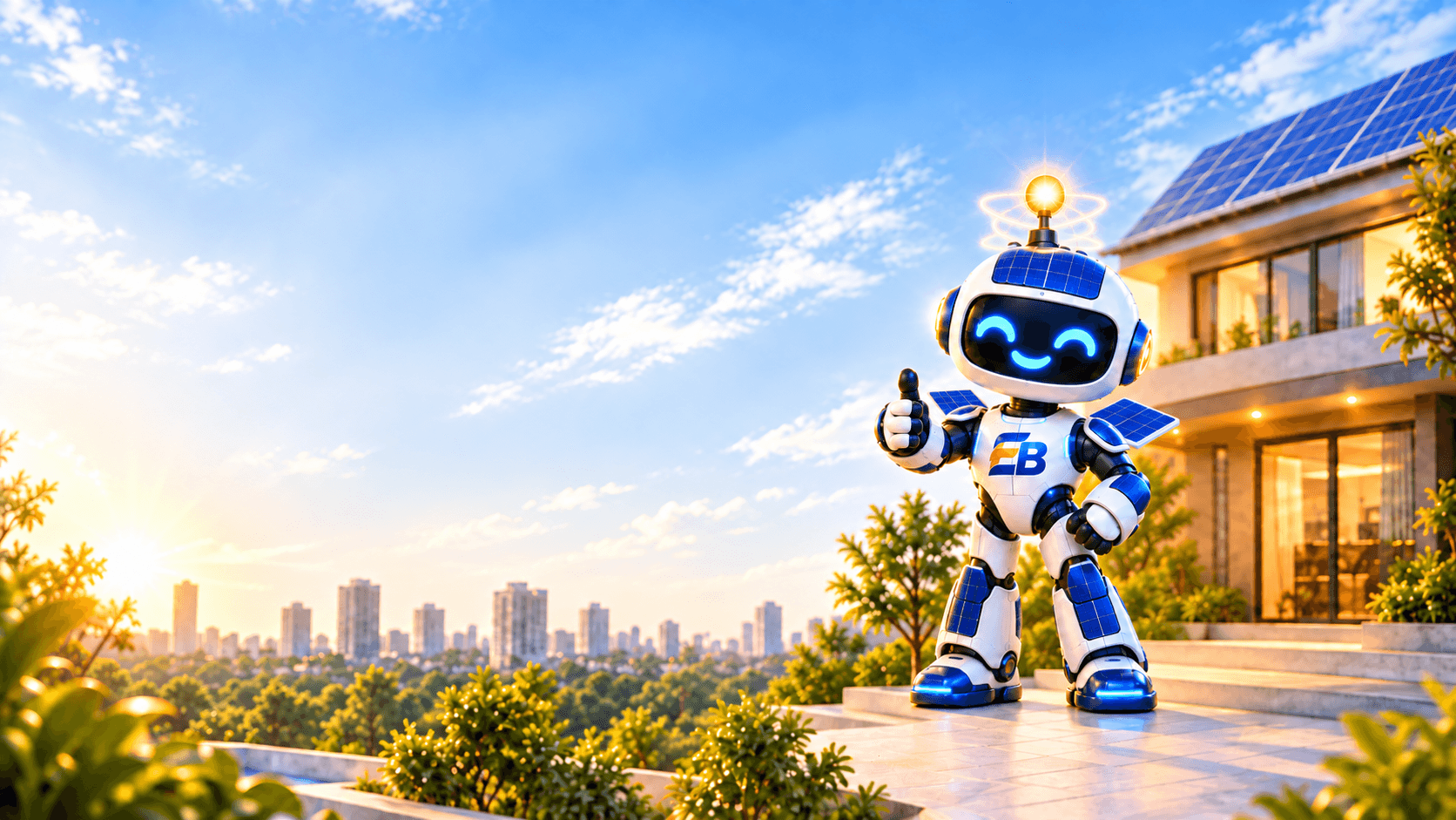 Bitzinho, o mascote robô da Eletrebit, fazendo sinal de positivo em frente a uma casa com painéis solares