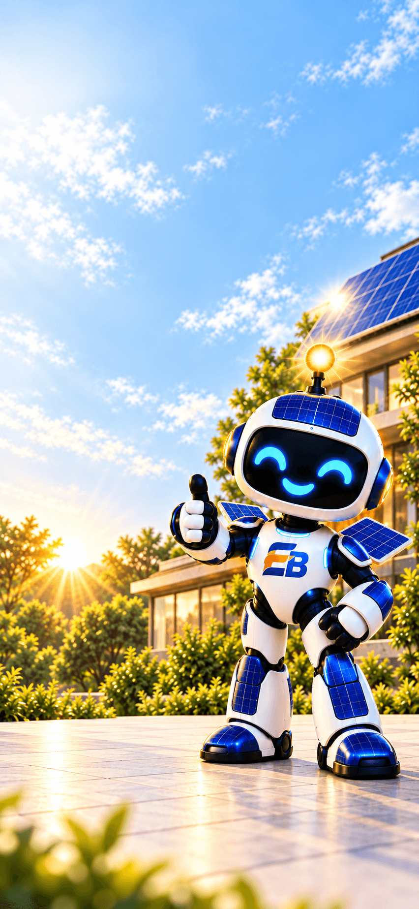 Bitzinho, o mascote robô da Eletrebit, fazendo sinal de positivo em frente a uma casa com painéis solares